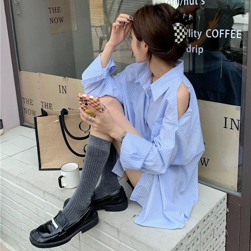 Off Shoulder Blue Striped Long Sleeve Women Chemise Femme Chic High Street Blouse Oversize Hollow Out Shirts Turn Down Collar