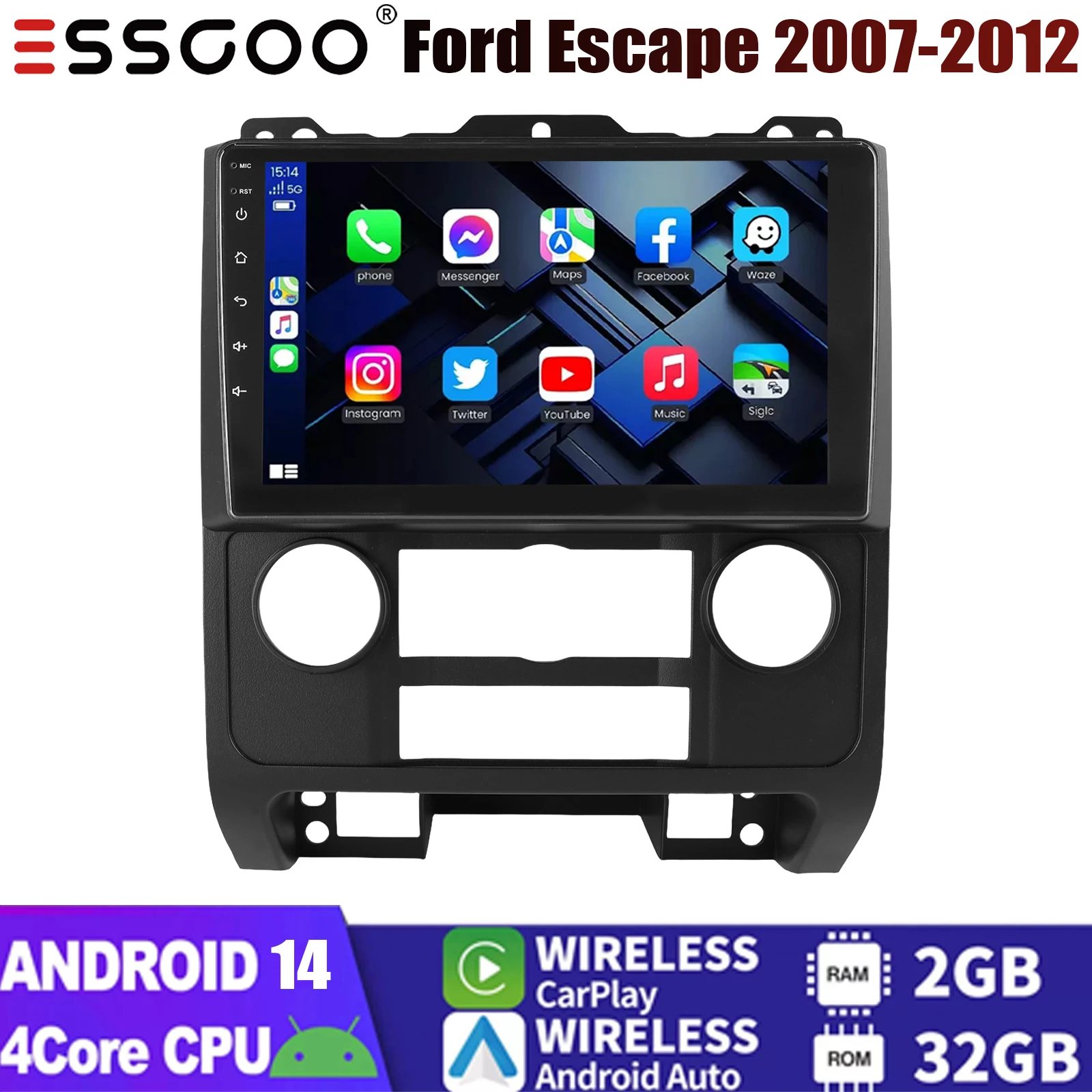 راديو ستيريو للسيارة مقاس 9 بوصات لسيارة Ford Escape 2007-2012 Apple Carplay GPS Navigation WIFI 2G + 32G Android 14 SWC وحدة رأس FM/RDS بلوتوث