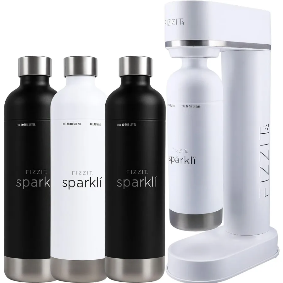 Fizzit Sprkl Carbonated Water Soda Maker in White with 2 Black Stainless Steel Bottles 1 White Stainless Steel Bottle for Home
