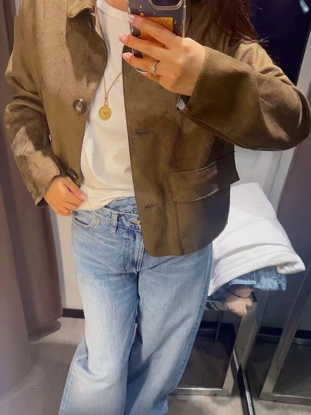 

American Sle Workwear ort Jaet Пальто с эффектом искусственной замши Женская свободная осенняя верхняя одежда на пуговицах