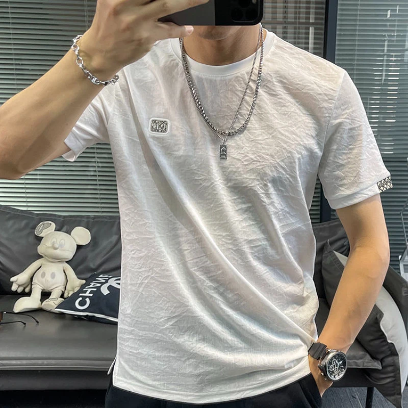 Ice Silk Cool Cotton Linen Short-sleeved T-shirt Men's New Quick-drying Simple Solid Color Linen Breathable Ice-sensing Brand