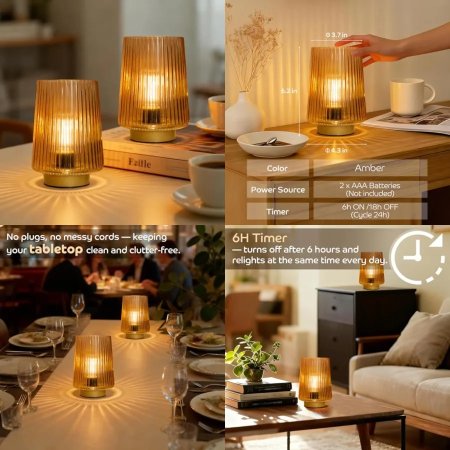 

Battery Operated Lamp with Timer, Set of 2 Small Cozy Table Lamp Decorative Ambient Glass Lamp for Bedside and Home Decor, Aest
