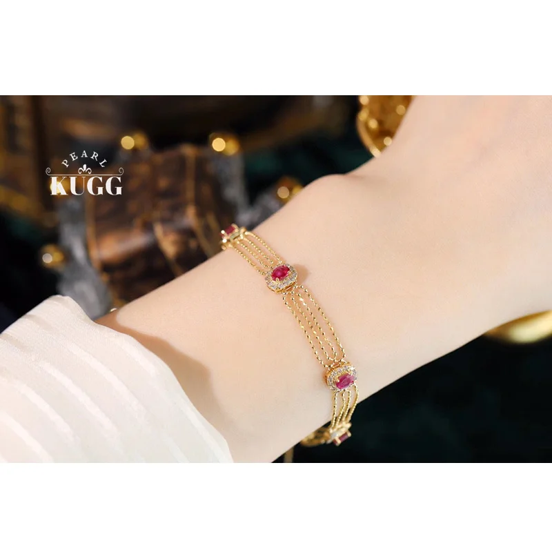KUGG 100% 18K Yellow Gold Bracelet Natural Ruby Bracelet for Women Vintage Palace Design Luxury Diamond High Party Jewelry