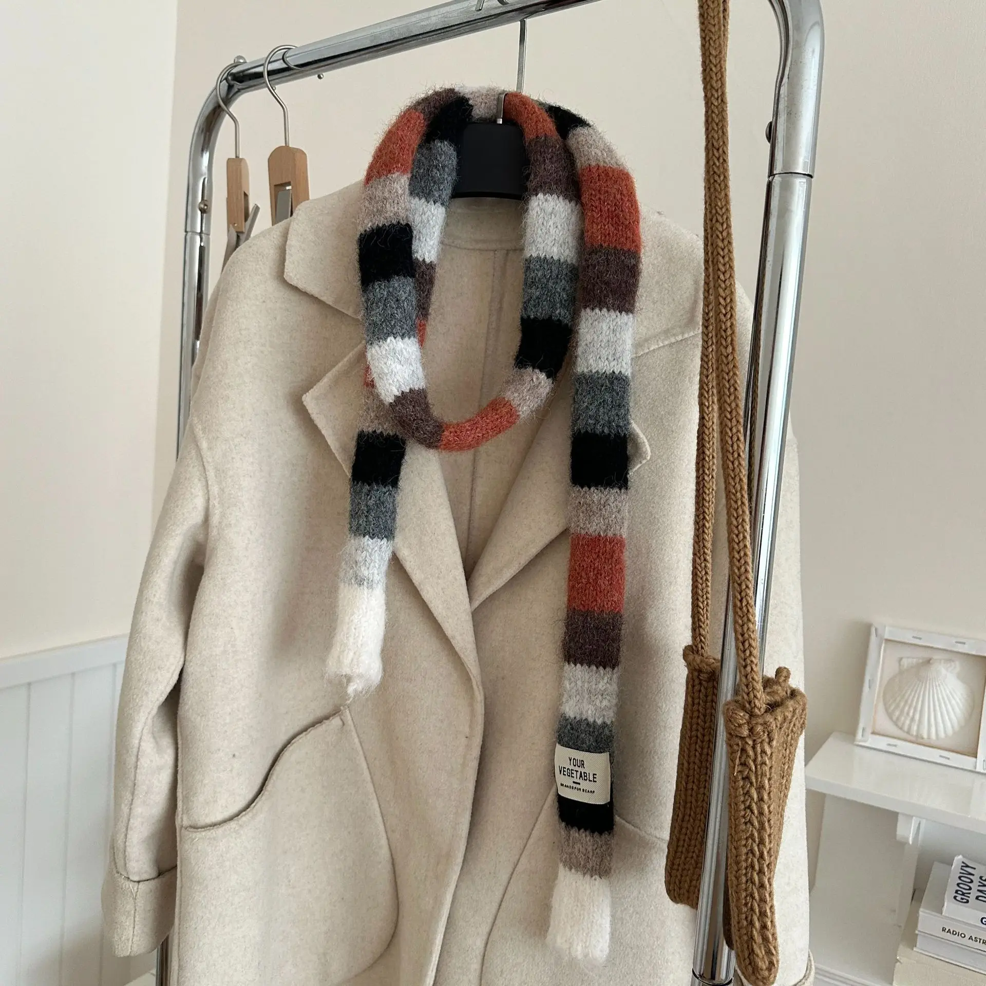 Korean Y2K Striped Scarf Knitted Wool with Colorful Splicing Contrast Long Narrow Scarves Sausage Thin Scarf Winter Scarves Wrap image 2