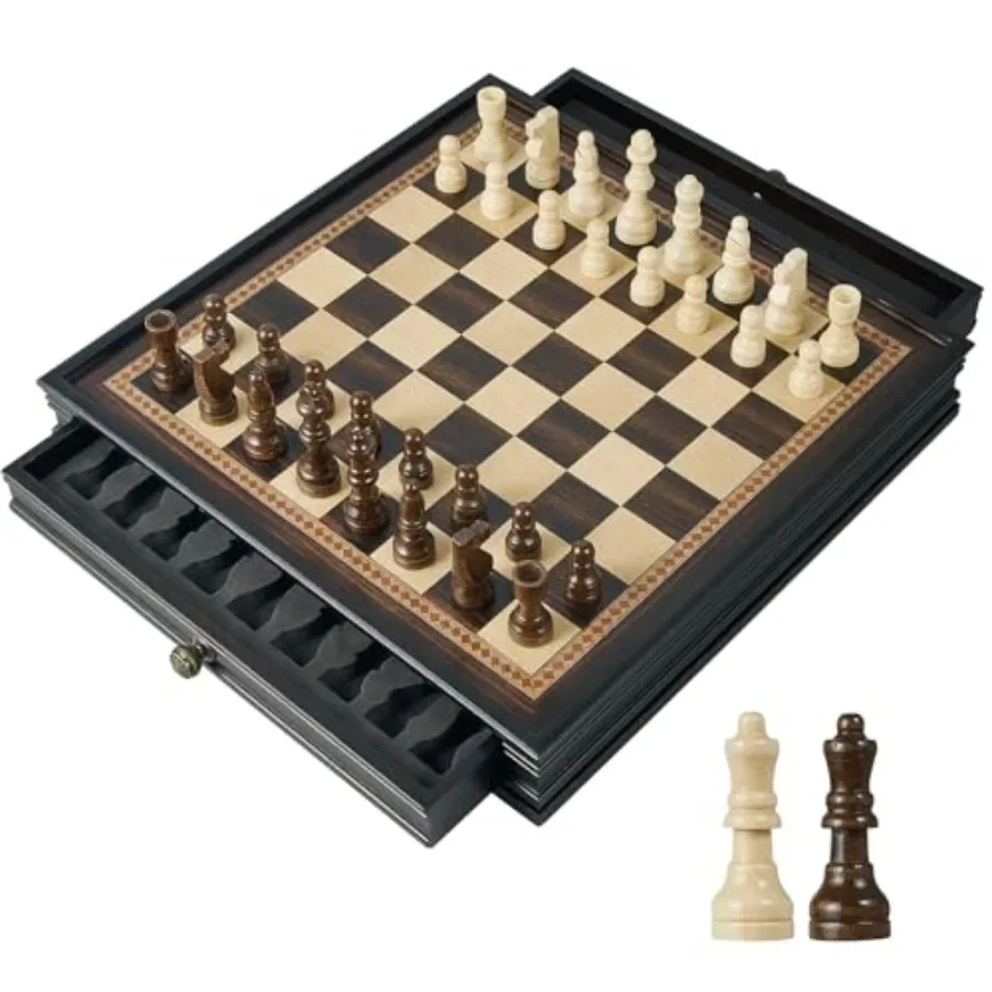 

12.5'' Wooden Chess Set for Home, Office, Travel Natural Wood, Brown Magnetic Pieces with 2 Built-in Storage Drawers 2 Bonus Qu