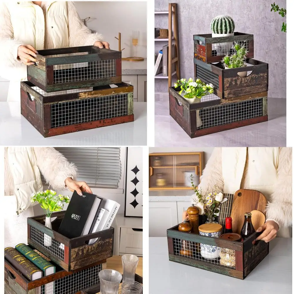 

Деревянные ящики для хранения в деревенском стиле, потертые декоративные корзины из мелиорированного дерева с проволочной сеткой