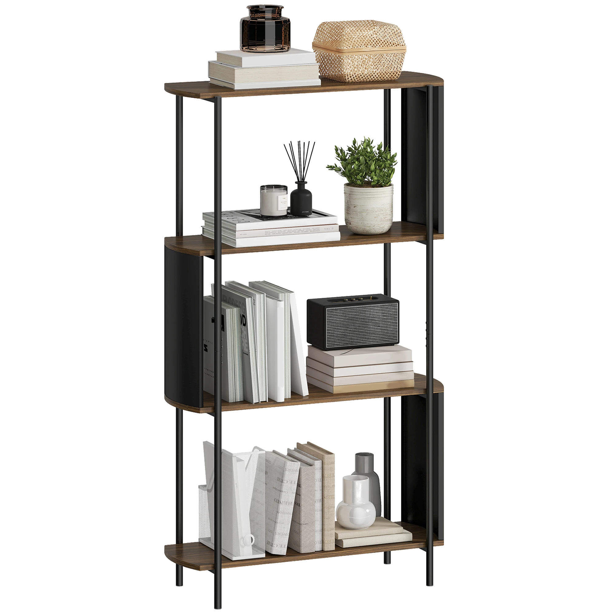 Estantería de almacenamiento HOMCOM, biblioteca de 4 niveles con paneles laterales, estructura de acero, 80x30x cm, Marrón