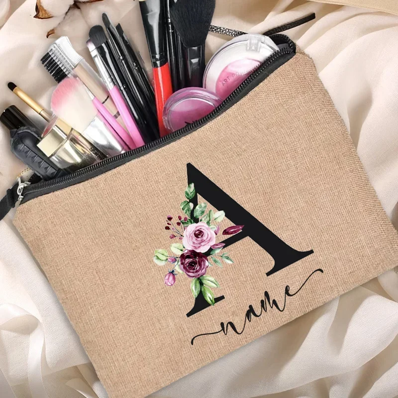 Customized Personalized Name Linen Cosmetic Bag Bridesmaid Clutch Outdoor Travel Beauty Makeup Bag Bachelor Party Lipstick Bag