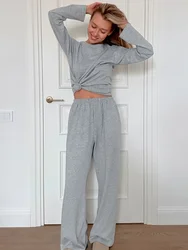 Mozuleva Casual Round Neck Knitted Home Clothing Fashion Top  Women's Solid color Long Sleeved Pants Comfortable Pajama Set