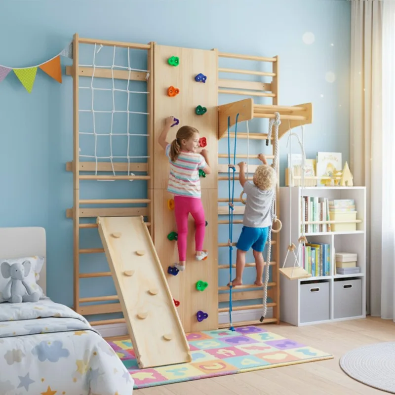 

Wooden Kids Climbing Wall Set with Rope Net Ladder Rock Climbing Holds Indoor Playground Equipment for Children Bedroom Activity