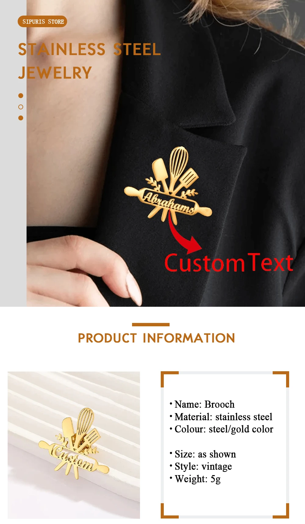 Sipuris Chef Kitchenware Personalisierte Namensbrosche aus Edelstahl, Familien-Küchennamensbrosche, Schmuckgeschenke – Detail 2