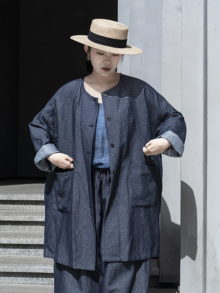 

Ruiwen Original Summer Cotton Linen Denim Jaet Simple Loose Women's Sle Windbreaker Anti-Uv Long Sve round Ne Coat