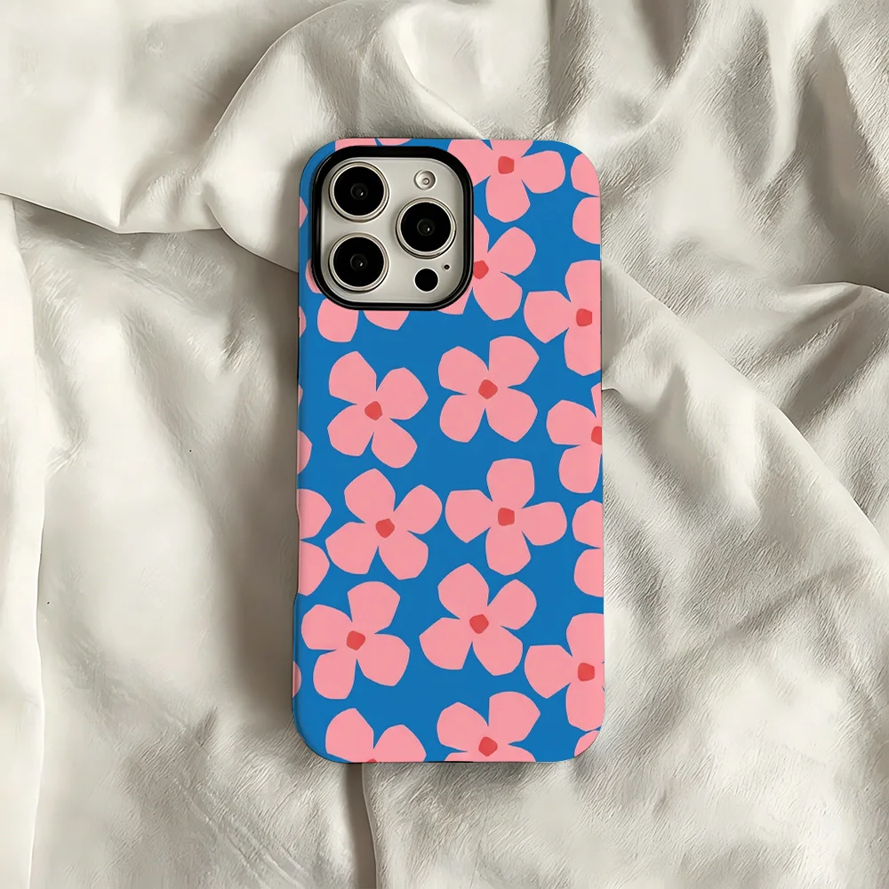 Pink Flowers on Blue Phone Case for Samsung Galaxy S20 S23 S24 S25 S26 FE Plus Ultra Edge 4G 5G Luxury Double-layer Back Cover
