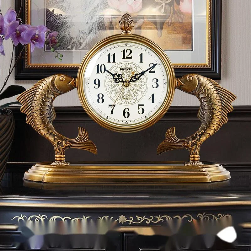 

Living Room Porch Quartz Clock Ornaments New Chinese Style Office Desktop Time Clock Metal Plated Copper Light Luxury Seat Clock