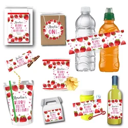 Custom Strawberry Theme Waterproof Stickers Label for Juice Pouch Water Bottle Chip Snack Bag Birthday Baby Shower Party Decor