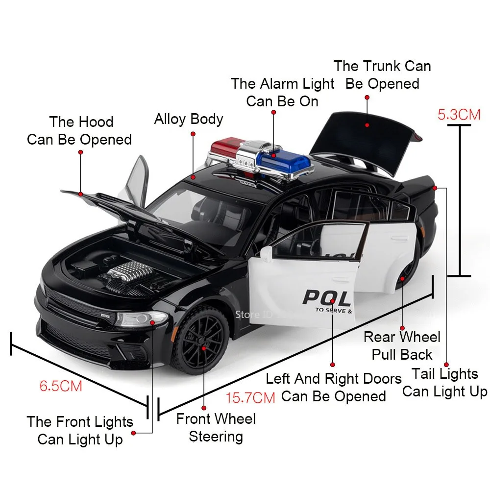 1:32 Pickup Hellcat Politieauto Speelgoedmodellen Legering Diecast Deuren Geopend Trek Schokabsorptie Geluid Licht Kid Interactief Speelgoed