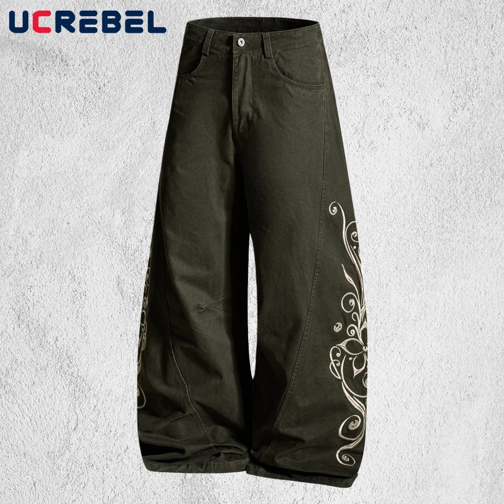 

Брюки-бананы с вышивкой, мужские карманные уличные брюки в стиле ретро, мешковатые широкие повседневные брюки, мужские