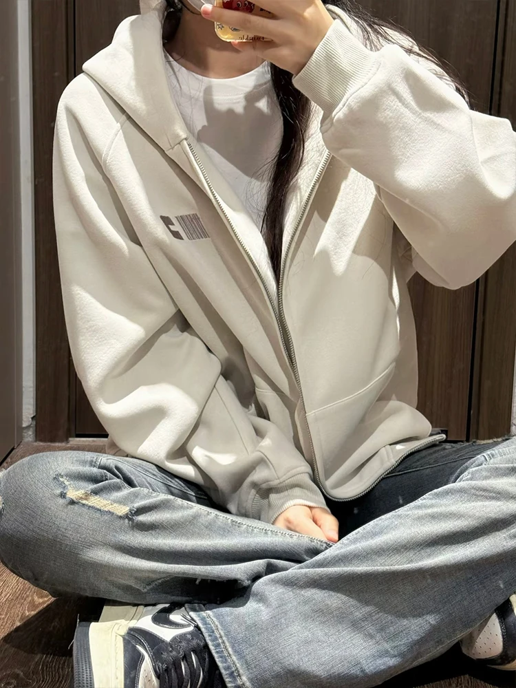 Damen-Strickjacke, übergroß, lässig, mit Kapuze, Reißverschluss, bestickt, lockerer amerikanischer Stil, fauler Windmantel, Herbst-Winter-Paar