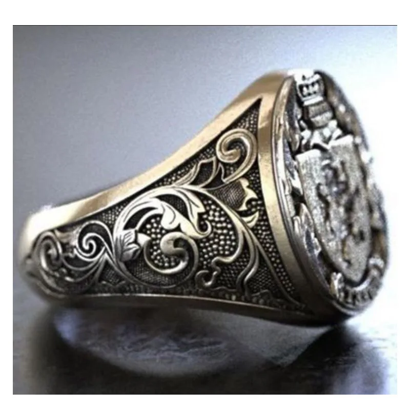 Vintage Lion Crown Shield Embossment Signet Rings for Men Women Retro Silver Color Metal Finger Rings Punk Hip Hop Party Jewelry