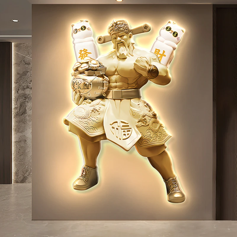 Luxury Entrance Hall God of Wealth Decorative Painting Abstract Art Hanging Painting Corridor Wall Decoration LED Light Painting