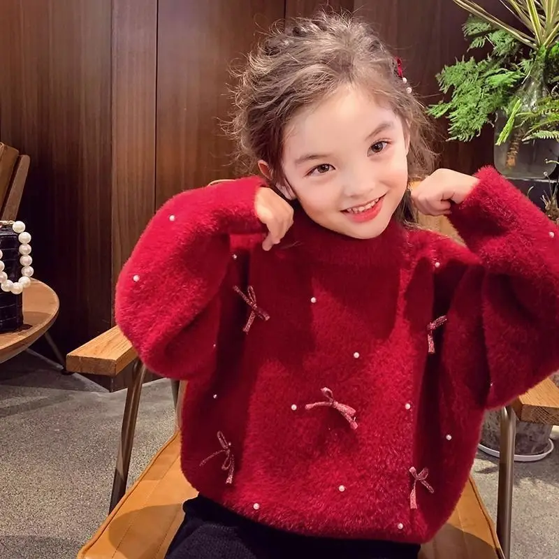 2026 Autumn Winter Red Christmas Girls Sweater Korean Version Bow Pullover New Year's Children's Clothing