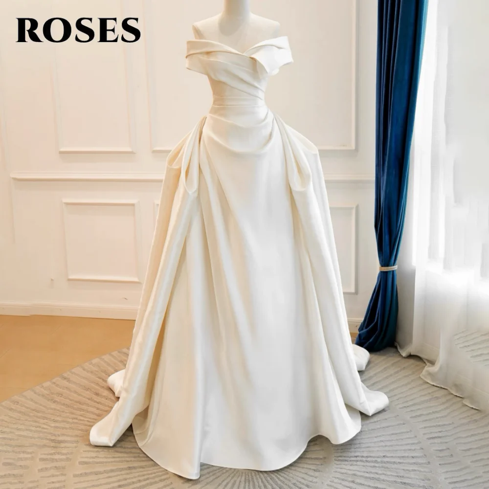 

ROSES Белое платье для выпускного вечера трапециевидной формы для женщин, ночное платье с открытыми плечами и рюшами и складками, атласное вечернее платье знаменитости по индивидуальному заказу