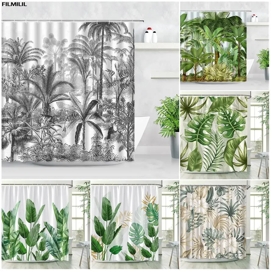 Tropical Jungle Plants Shower Curtain Monkey Palm Trees Leopard Flamingo Parrot Green Leaves Scenery Bathroom Decor Curtains Set