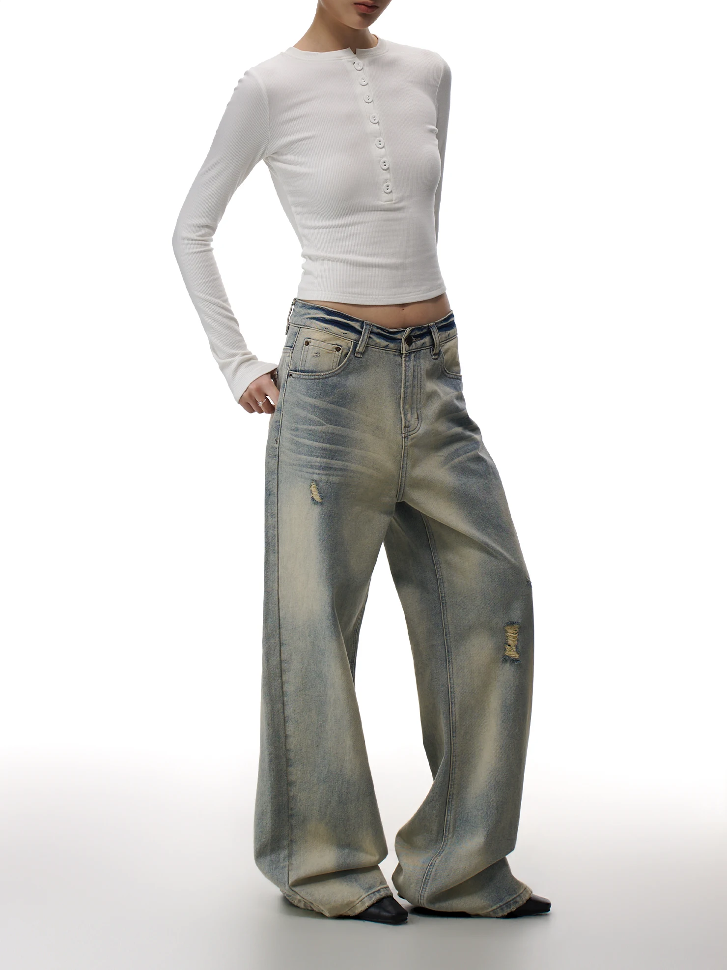 

Low Waist aduated Waed Denim Jeans Women's Spring New Loose Casual Wide Leg Pants Torn Hole Street Sle Blue Cotton