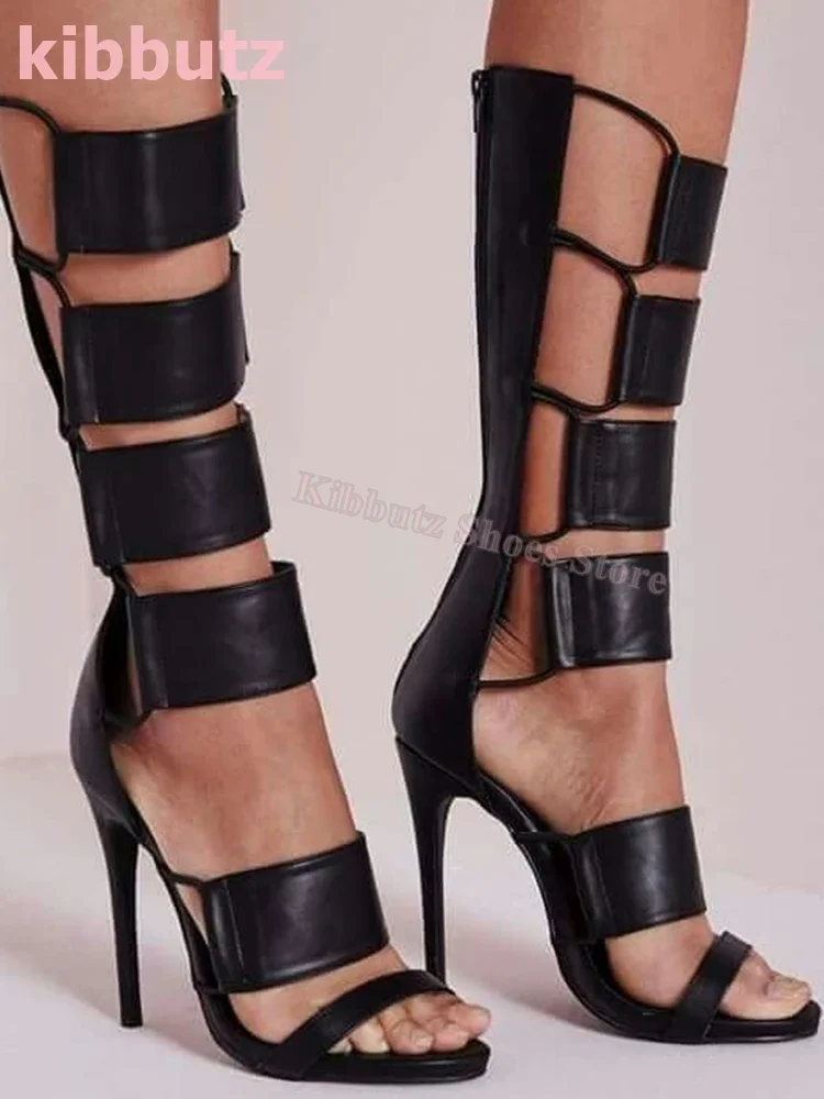 

Hollow Sandals Round Toe Thin Heels Leather Solid Color Super High Fashion Elegant Concise Sexy Novelty Luxury Women Shoes New