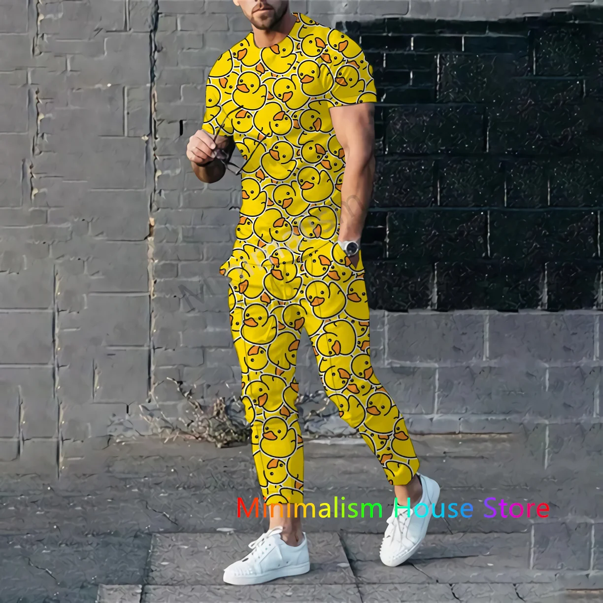 2 Piece Set Outfits Summer Tracksuit For Men Trousers Yellow Duck Print Short Sleeve T Shirt+Long Pants Casual Suit Male Clothes