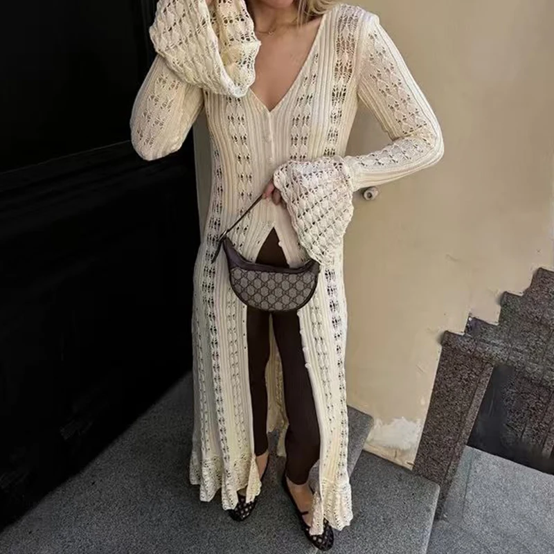 سترة محبوكة بتصميم مجوف للفتيات الحارة بلون سادة وأكمام طويلة ورقبة على شكل حرف v وأكمام جرس فرنسية طويلة #5