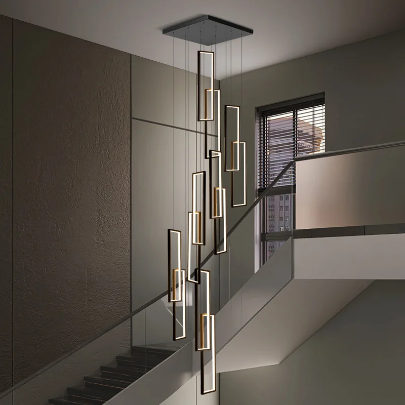 Minimalist staircase, modern minimalist creative black square frame villa hollow lamp, duplex chandelier