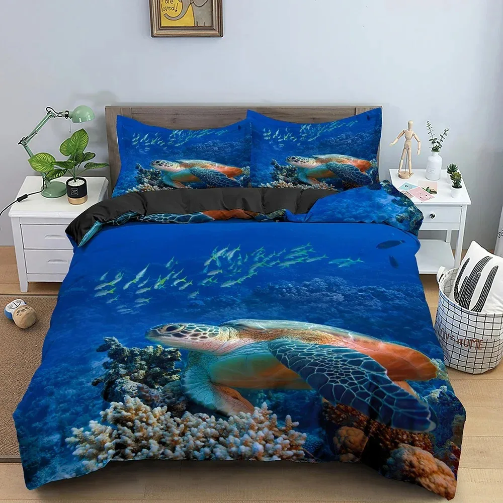 Sea Turtle Bedding Set Cover Underwater World Duvet Cover Set Ocean Animals Bed Set,Tortoise and Coral Printed Comforter Cover