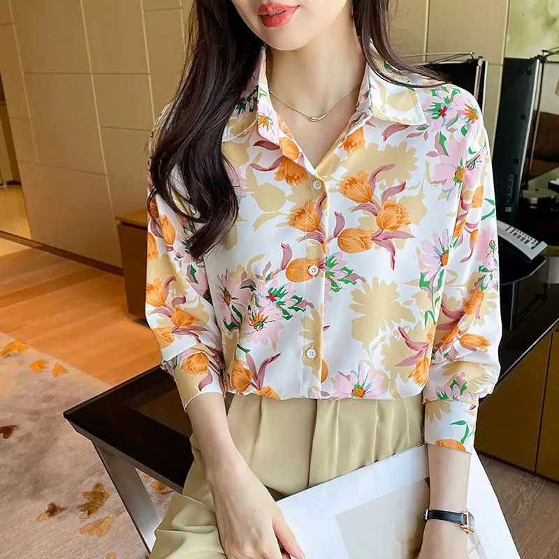 Spring Autumn New Fashion Turn-down Collar Long Sleeve Floral Blouse Women\'s Clothing Vintage Port Wind Simplicity Thin Shirts