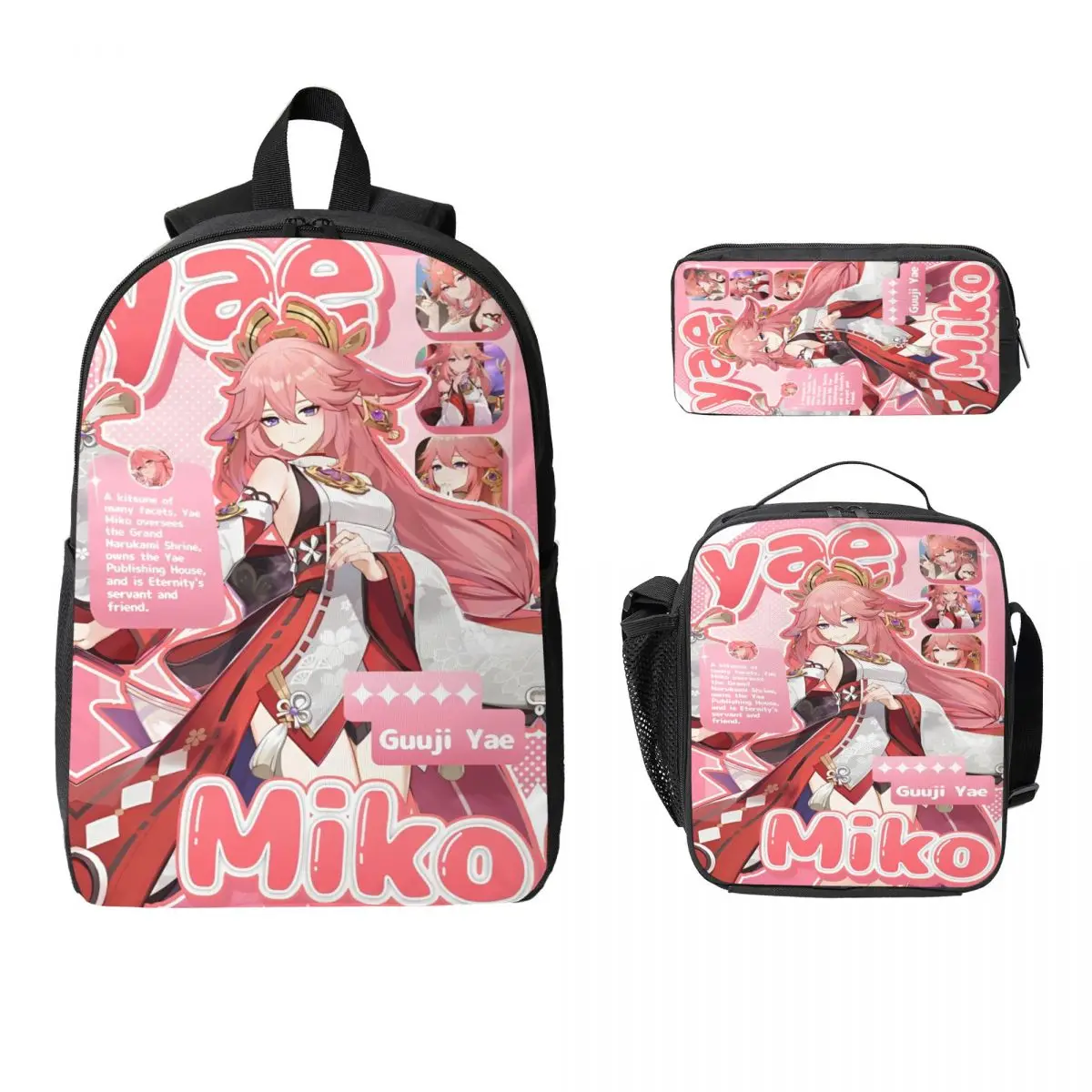 

3Pcs Yae Miko Genshin Impact Backpack Set for Girls Boys Pen Bags Bookbag Sets with Lunch Box For School Students Knapsack