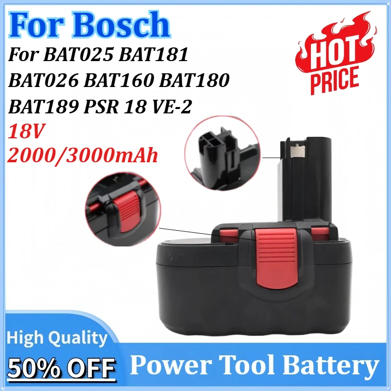 

Сменный аккумулятор для электроинструментов 18 В, 2000/3000 мАч для Bosch BAT025 BAT181 BAT026 BAT160 BAT180 BAT189 PSR 18 VE-2 GSR VE-2 GSB