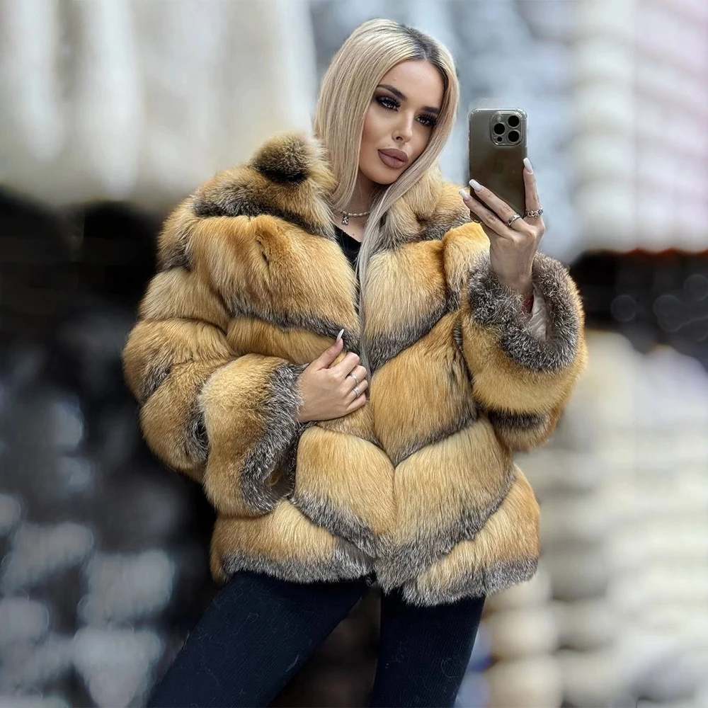 Fashion Women's Real Red Fox Fur Coats Luxury Natural Fox Fur Stand Collar Jackets Winter Warm Genuine Fur Thick Outwear