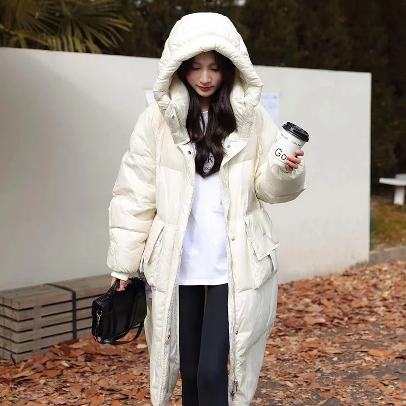 Large size down jacket women 100kg winter new white duck down loose warm fashion all matching long down jacket big fat coat