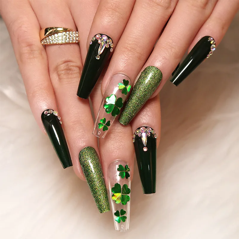 

24PCS St. Patrick's Nails - Crystal Shamrocks on Glittering Green Long European Square False Nail For Women Girl