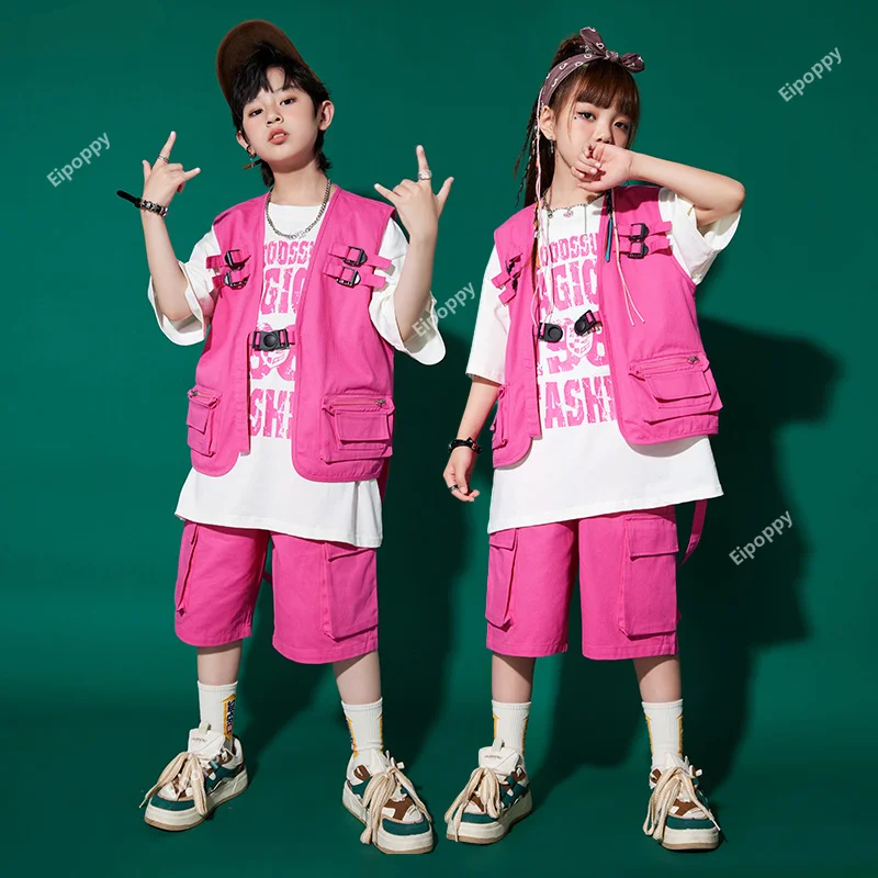 Hip Hop Girls Solid Vest Pink  Pants Boys T-shirt Street Dance Shorts Child Streetwear Kids Outfits Teens Jazz Clothes Sets