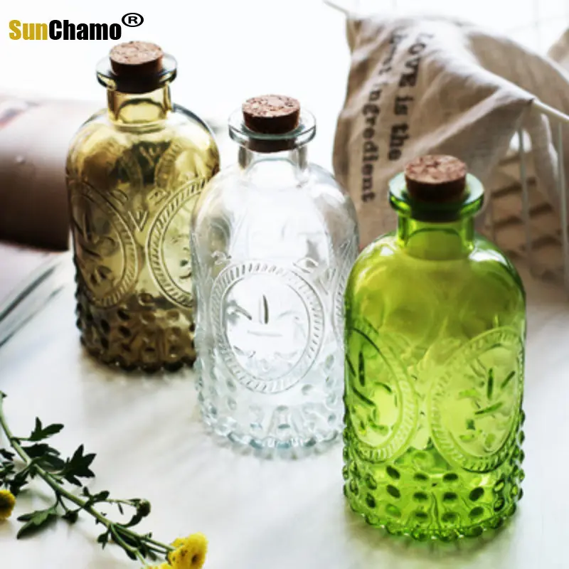 6*13cm Transparent Retro Embossed Glass Bottle Aromatherapy Vase Sunflower Cork Clear Bottles Shooting Props Window Decoration