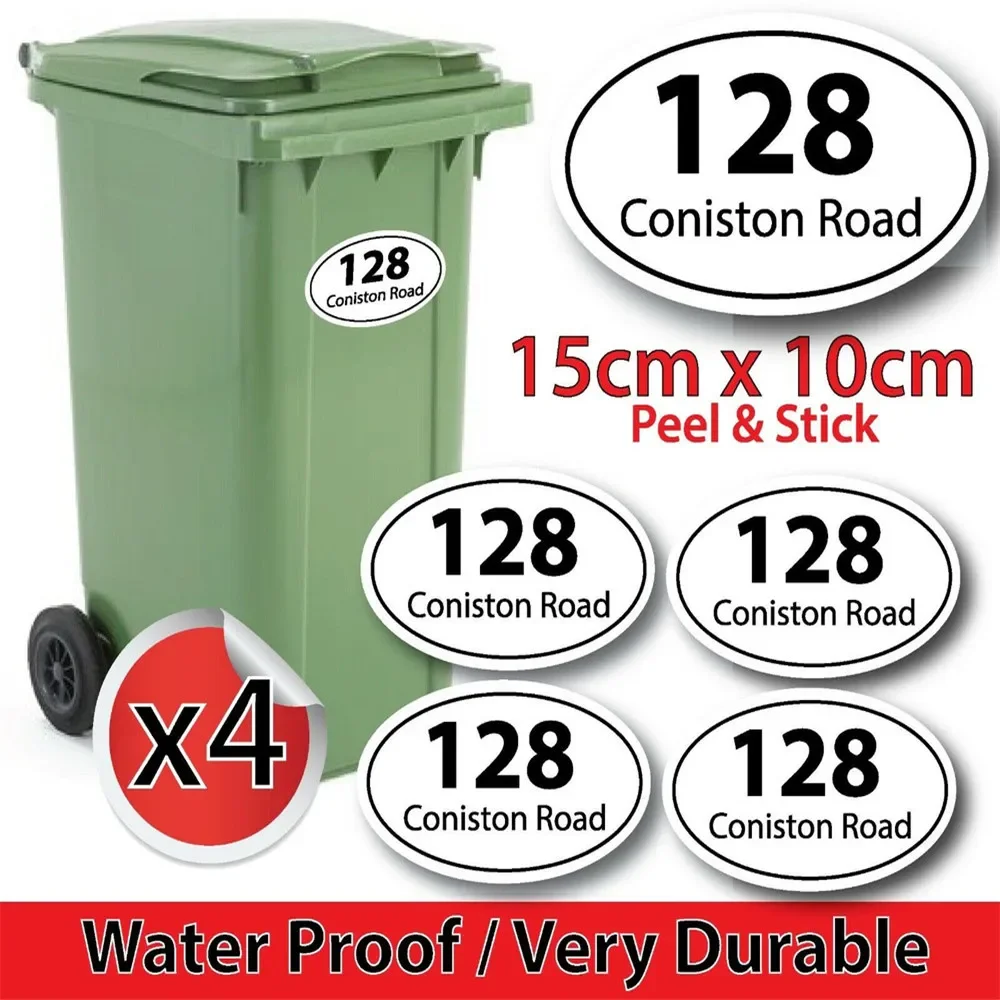 CUSTOMIZED x4 WHEELIE BIN NUMBERS CUSTOM HOUSE, ROAD STREET NAME STICKERS OVAL