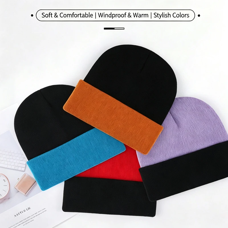 Customized Beanies Embroidered/Printed Logo Winter Keep Warm Cap Unisex Color Block Warm Ear Protection Girs Outdoor Knitted Hat