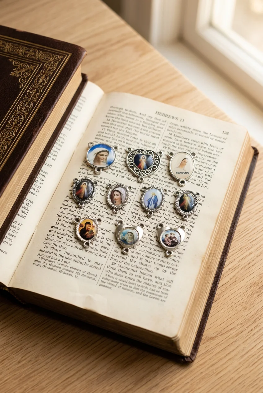 10Pcs 3-Hole Catholic Rosary Centerpiece Connectors Epoxy Virgin Mary Divine Mercy Medal Charms for DIY Jewelry view 3