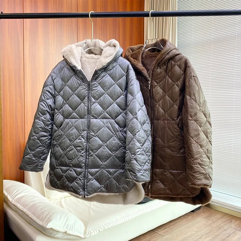 

Двусторонняя зимняя куртка из верблюжьего и гусиного пуха с капюшоном, со спущенным плечом, с ромбовидным узором, женская верхняя одежда