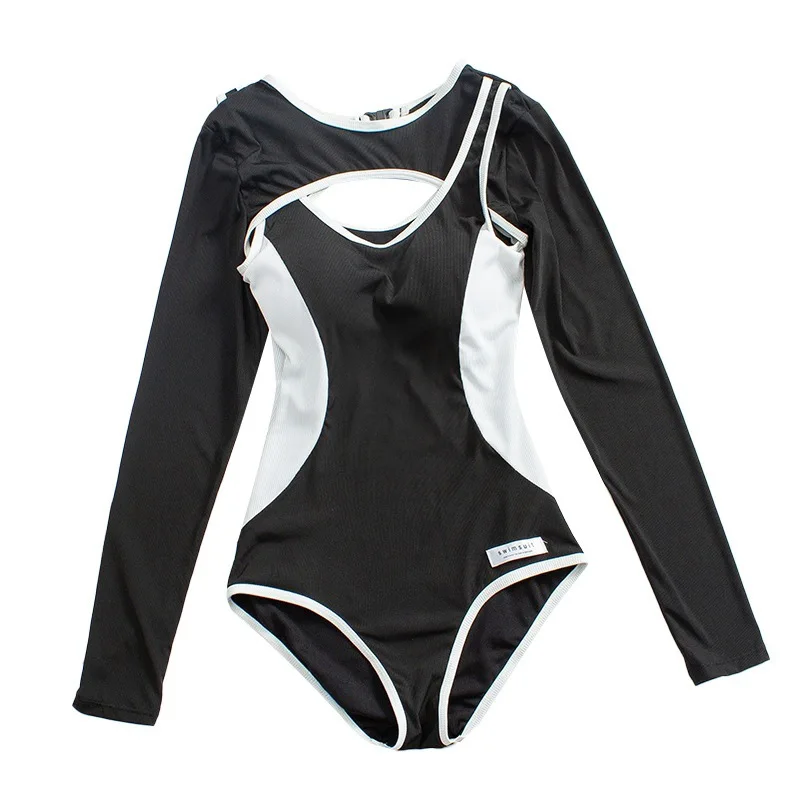 Maillot de bain à manches longues pour femmes, maillot de bain une pièce sexy, maillots de bain creux, sports de printemps chauds, classique coréen, noir et blanc