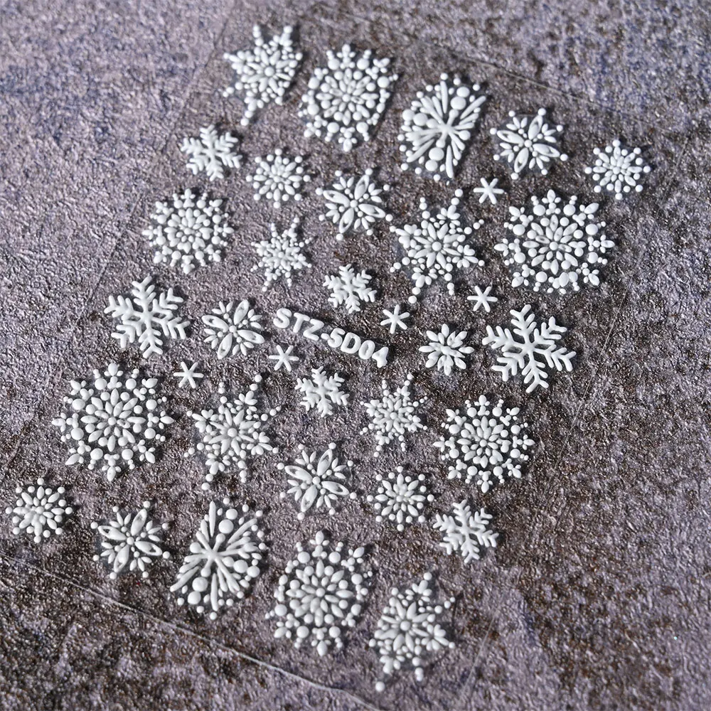 4개입 5D 엠보싱 눈송이 네일 아트 스티커 크리스마스 화이트 눈송이 네일 아트 데칼 DIY 아크릴 꽃 매니큐어 슬라이더 스티커