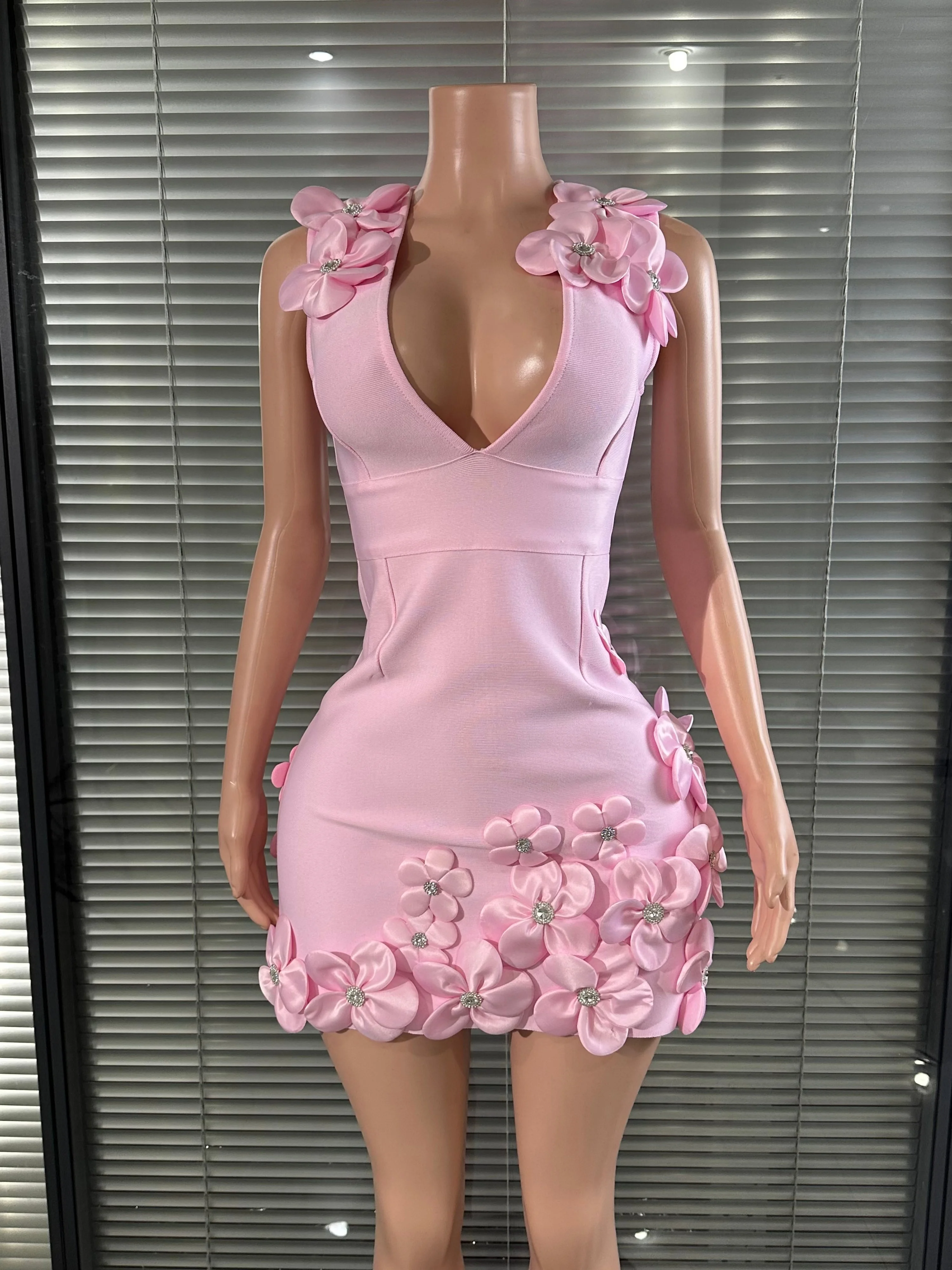 Robe de soirée mini bandage glamour à fleurs 3D en cristal, col en V profond, sans manches, taille haute