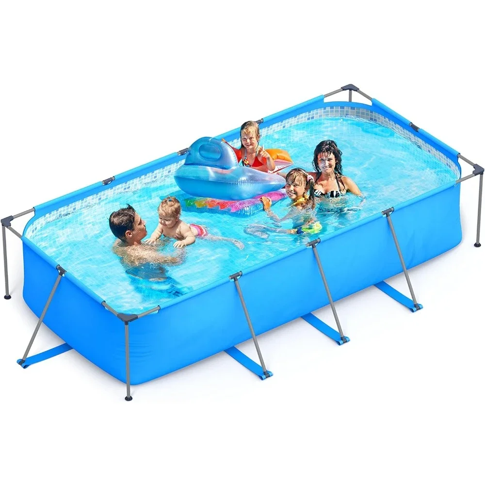 

14ft x 7ft x 33in Metal Frame Swimming Pool, Rectangular Above-Ground Pool with Steel Frame, Heavy-Duty PVC, Outdoor Hot Tubs