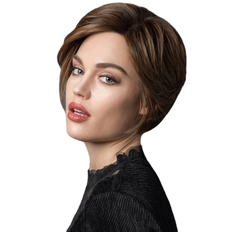 Short, slightly curly brown wig for women, African hair, realistic and stylish full headpiece